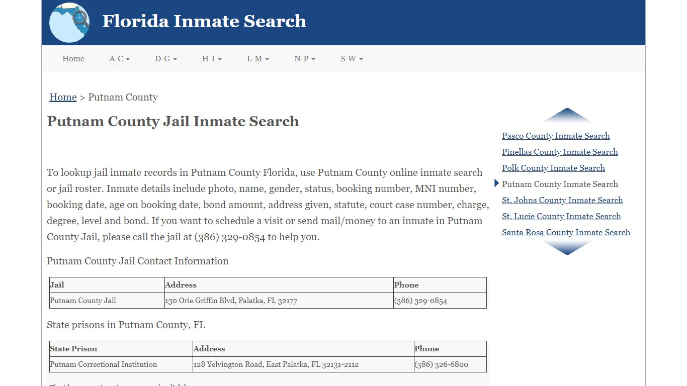 Putnam County FL Jail Inmate Search