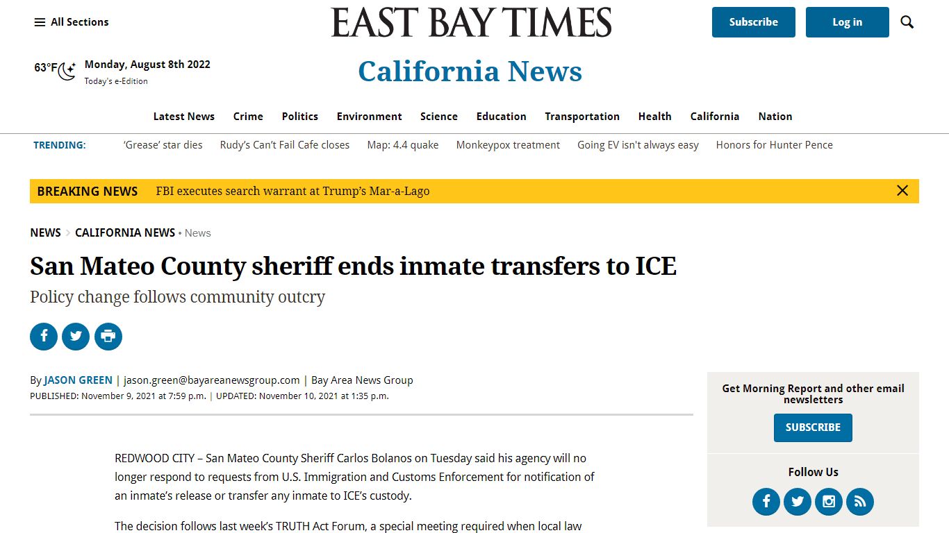 San Mateo County sheriff ends inmate transfers to ICE ...